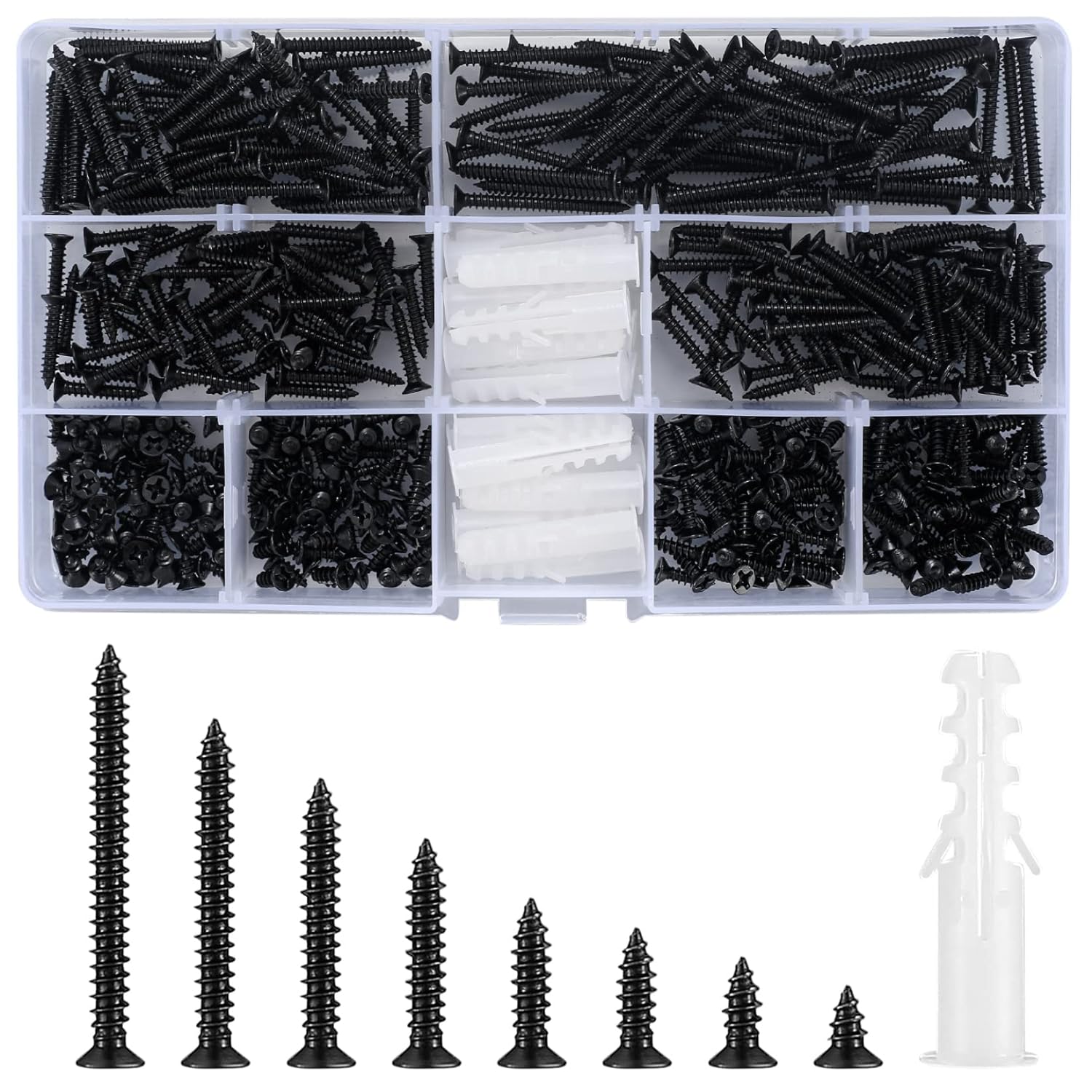 230816044137655_1 430 Pcs M3 Black Wood Screws Assortment Fasteners Kit, Cross Drive Head Countersunk Head Self-Tapping Screws, Assorted Flat Head Round Head Screws with 20 Pcs Plastic Wall Screw Anchors - Image 1